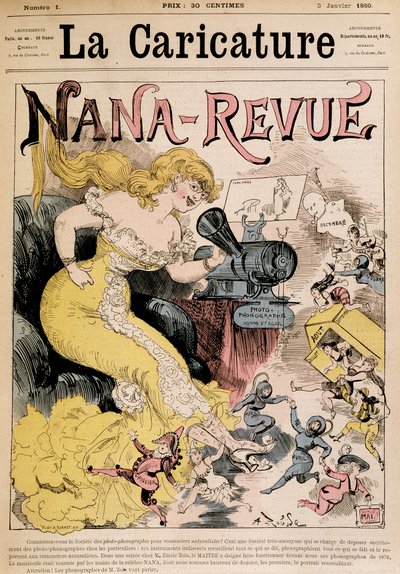 Nana-Revue: caricatura su Zola e la sua opera "Nana" di Robida - in "La Caricature" del 03/01/1880 da Albert Robida