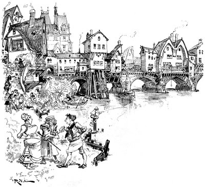 Parigi: la Senna, ponte con case, abitanti, parigini, scene di vita parigina nel Medioevo - architettura - habitat urbano - fiume - illustrazione di Albert Robida (1848-1926) da Albert Robida