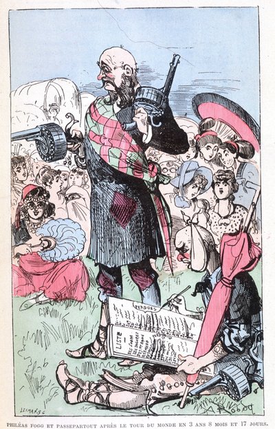 Phileas Fogg e Passepartout dopo il giro del mondo in 3 anni 8 mesi e 17 giorni, parodia di Jules Verne, "Viaggi straordinari di Saturnin Farandoul in 5 o 6 parti del mondo e in tutti i paesi conosciuti o sconosciuti a Mr. Jules Verne" di da Albert Robida