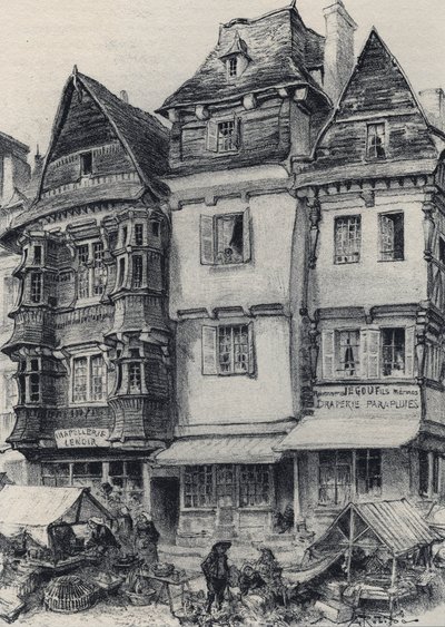 Place du marché a Lannion - La vieille France - La Bretagne - testo, disegni e litografie, di Albert Robida (1848-1926) fine XIX secolo da Albert Robida