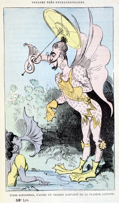 Tipi saturniani da un presunto schizzo del pianeta Saturno (mostri grotteschi pseudo-antropologici), parodia di Jules Verne, 