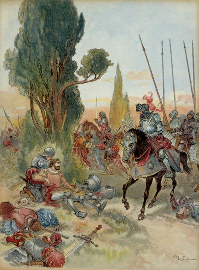 Sesta guerra italiana (1521-1526): Morte di Pierre Terrail de Bayard (1476-1524), ferito da un colpo di archibugio a Rebec (Italia), nel 1524, Carlo di Montpensier, connestabile di Borbone (1490-1527), lo affrontò. Illustrazione da Albert Robida