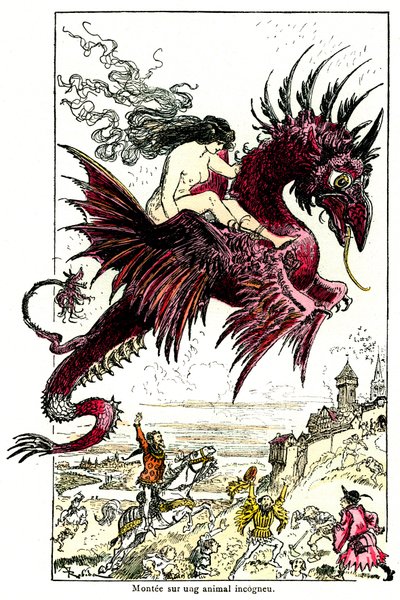 Succubo: demone femminile che cavalca un drago - illustrazione di Albert Robida per i Racconti Drolatici di Honoré de Balzac - inizio XX secolo da Albert Robida