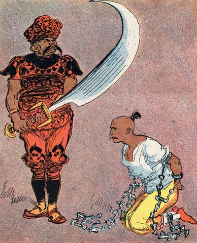 Il sultano ordina di tagliare la testa di Aladino Illustrazione di Albert Robida (1848-1926) per il racconto 