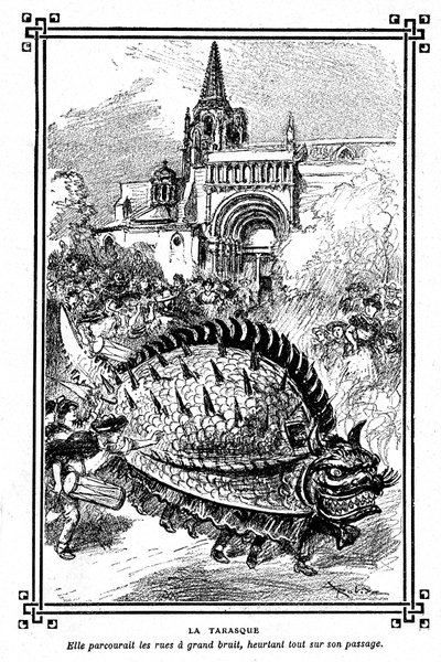La Tarasca di Tarascona, mostro favoloso del folklore della Provenza: illustrazione di Albert Robida del libro scolastico “Scelta di letture” di A Mironneau, Libreria Armand Colin 1911 da Albert Robida
