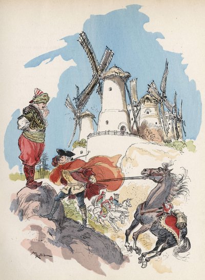 Il Barone di Munchausen appena attraversato il confine egiziano è catturato in una tempesta provocata da una grande figura per far girare i 7 mulini. Illustrazione di Albert Robida - in Storia e Avventure del Barone di Munchausen (Munchhausen), H. Laurens  da Albert Robida