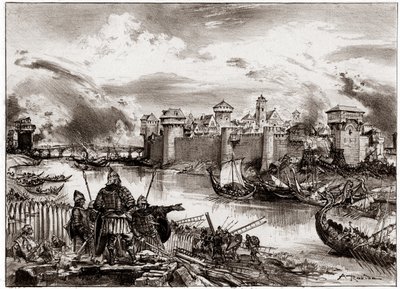 I Vichinghi, pirati normanni comandati dal loro leader Siegfried, assediano Parigi da Albert Robida