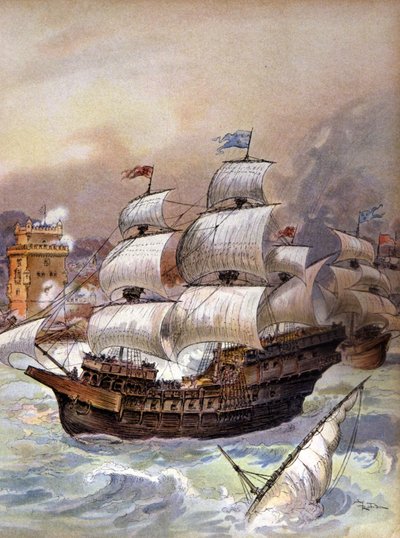 La flotta di Jean Ango blocca il Tago e minaccia Lisbona, c.1909 (illustrazione) da Albert Robida