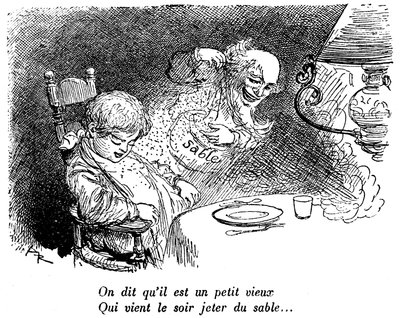 Il mercante di sabbia è passato! Bambino addormentato dopo aver mangiato. Sonno. “Dicono che sia un vecchietto che viene a gettare sabbia di notte...” Disegno di Albert Robida (1848-1926) in un libro di letture per bambini 1920-1930 da Albert Robida