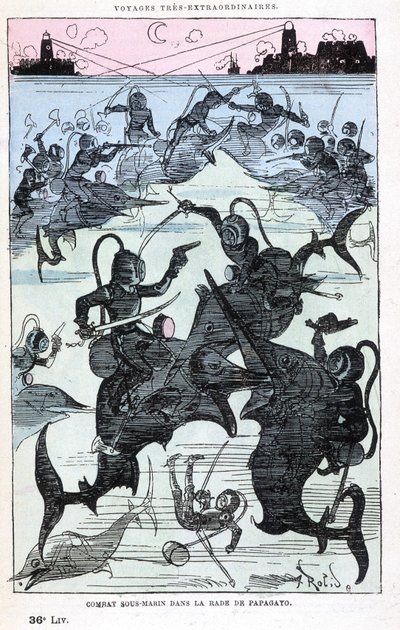 Combattimento subacqueo nella baia di Papagayo (scafandri che cavalcano pesci), parodia di Jules Verne, "Viaggi straordinari di Saturnin Farandoul in 5 o 6 parti del mondo e in tutti i paesi conosciuti o sconosciuti a Mr. Jules Verne" di Robida, Parigi da Albert Robida