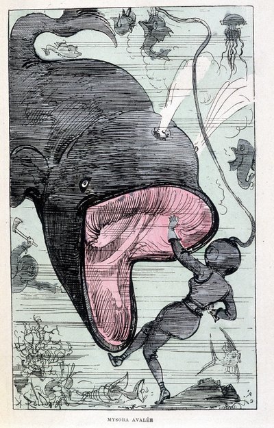 Donna in uno scafandro inghiottita da una balena, parodia di Jules Verne, 