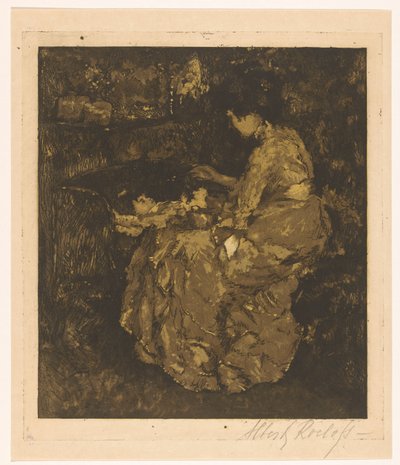 Donna che nutre un bambino in una culla da Albert Roelofs (signed by artist)