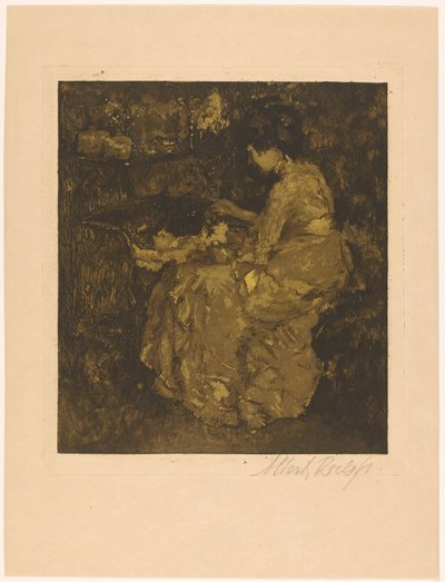 Donna che dà pappa a un bambino in una culla da Albert Roelofs (signed by artist)