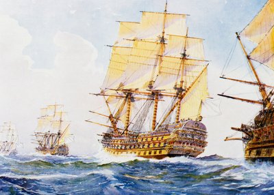 Navi del XVIII secolo in fila indiana con mure a dritta, acquerello di Albert Sebille (1874-1953), XX secolo da Albert Sébille