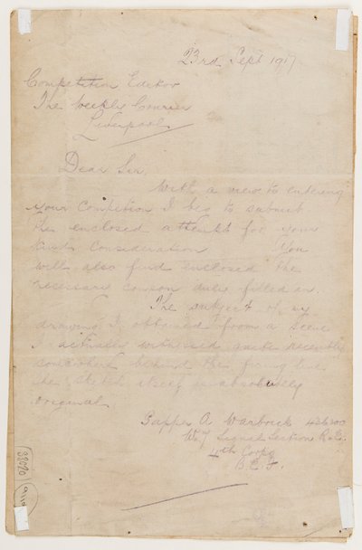 Lettera al redattore del concorso, 23 settembre 1917 da Albert Warbrick