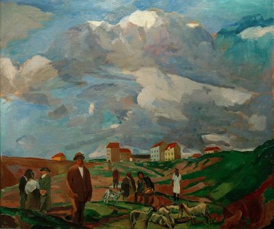 Case di periferia (con persone e gregge di pecore) da Albert Weisgerber