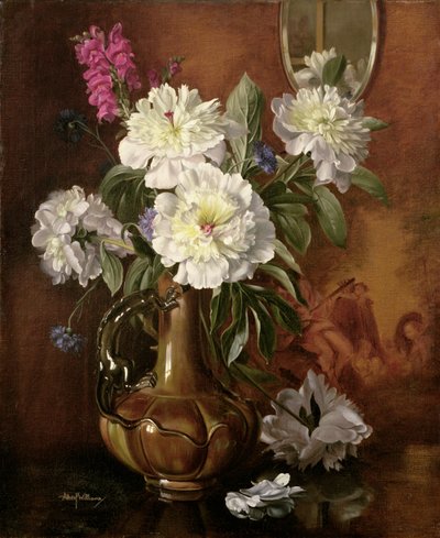 Peonie bianche in un vaso vittoriano smaltato da Albert Williams