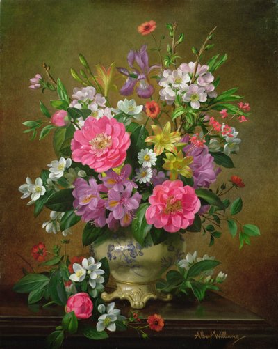 Fiori di pesco, iris e peonie in un vaso di ceramica da Albert Williams
