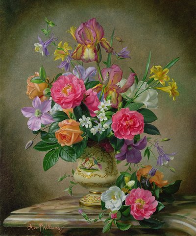 Peonie e iris in un vaso di ceramica da Albert Williams