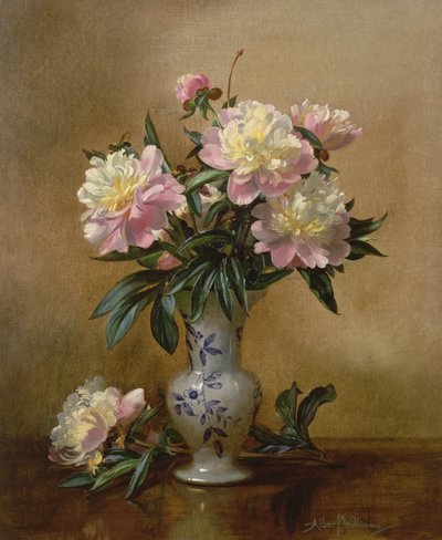 Peonie in un vaso blu e bianco da Albert Williams