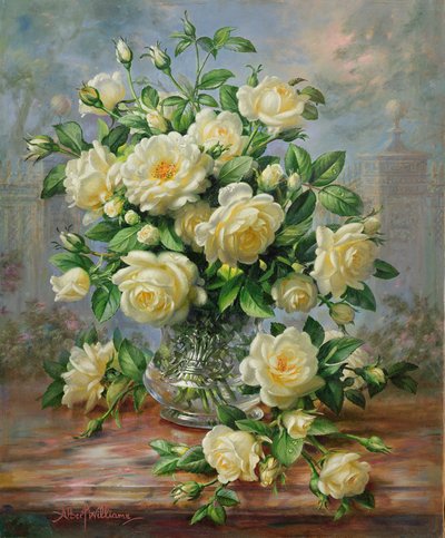 Rose della Principessa Diana in un vaso di vetro tagliato da Albert Williams