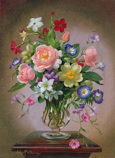Rose, peonie e fresie in un vaso di vetro da Albert Williams
