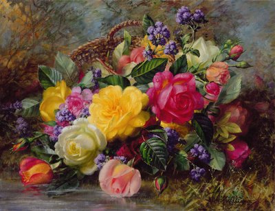Rose vicino a uno stagno su una riva erbosa da Albert Williams