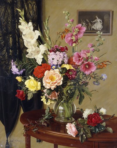 Natura morta con gladioli, rose e malvarosa davanti a una tenda ricamata da Albert Williams
