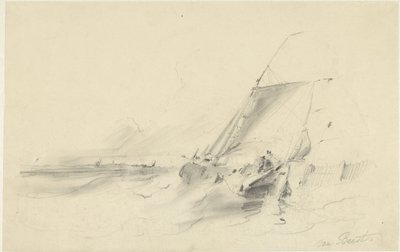 Veduta marina con barca in acque agitate da Albertus van Beest