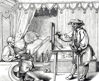 Incisione su legno che raffigura un artista che utilizza un ausilio per il disegno per ottenere le proporzioni corrette di un ritratto. Incisione di Albrecht Dürer (1471-1528) da Albrecht (after) Durer or Duerer