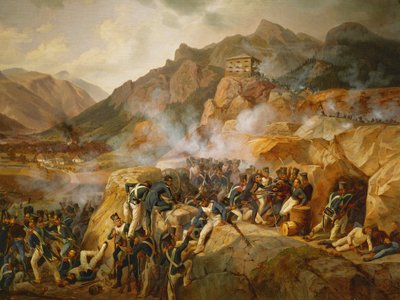 Le truppe napoleoniche attaccano il fortino austriaco di Malborget, in Alto Adige... (olio su tela) da Albrecht Adam