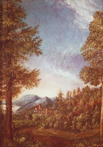 Paesaggio del Danubio con Castello Worth, c.1522-25 (pergamena su faggio) da Albrecht Altdorfer