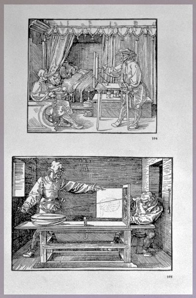 Apparato per tradurre oggetti tridimensionali in disegni bidimensionali, due scene dal primo libro tecnico dell