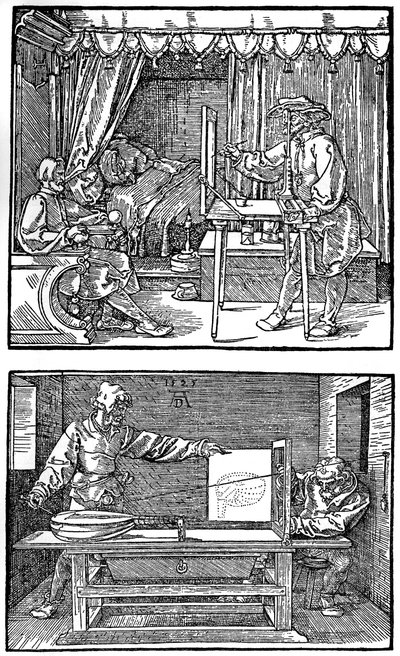 Apparato per tradurre oggetti tridimensionali in disegni bidimensionali, 1525, 1936 da Albrecht Dürer