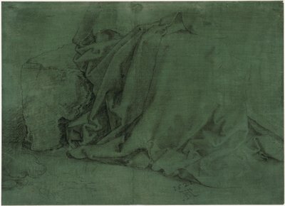Studio di panneggio di una donna seduta su una panca di pietra da Albrecht Dürer