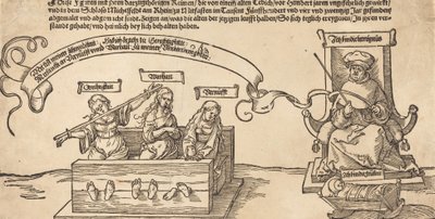 Giustizia, Verità e Ragione nelle catene con il giudice seduto e la Pietà dormiente da Albrecht Dürer