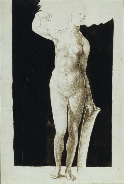 Studio di proporzioni di nudo femminile con scudo, 1500 da Albrecht Dürer