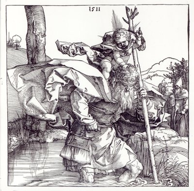 San Cristoforo che porta il Bambino Gesù, 1511 (xilografia) (foto in bianco e nero) da Albrecht Dürer