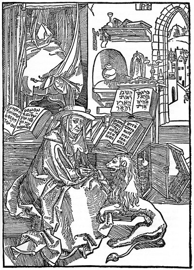 San Girolamo nel suo studio che estrae una spina dalla zampa di un leone da Albrecht Dürer