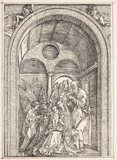 La Sacra Famiglia con due angeli in una sala a volta da Albrecht Dürer