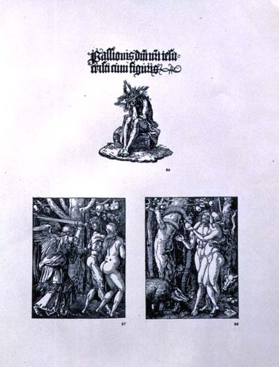Tre pagine dalla serie Piccola Passione: (in alto) pagina del titolo con Cristo come Uomo dei Dolori e un
