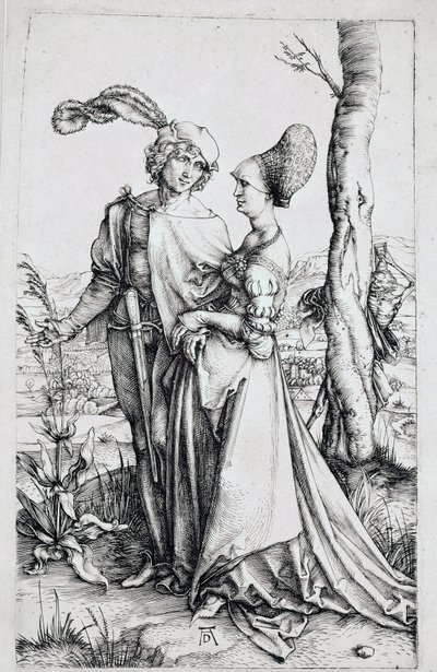 Una coppia che cammina, osservata dalla Morte nascosta dietro un albero, che tiene una clessidra. Incisione di Albrecht Dürer (1471-1528) 1496-1498. Dim. 19x12 cm Berlino, gabinetto delle incisioni da Albrecht Dürer