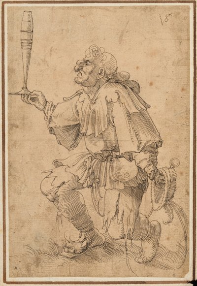 Un uomo grottesco inginocchiato, che tiene un bicchiere di birra alto alla base da Albrecht Dürer