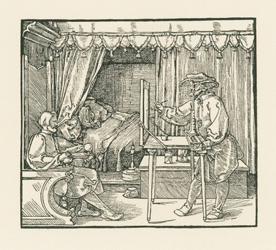 Un artista che disegna un uomo seduto su un piano di vetro attraverso una banderuola da Albrecht Dürer or Duerer