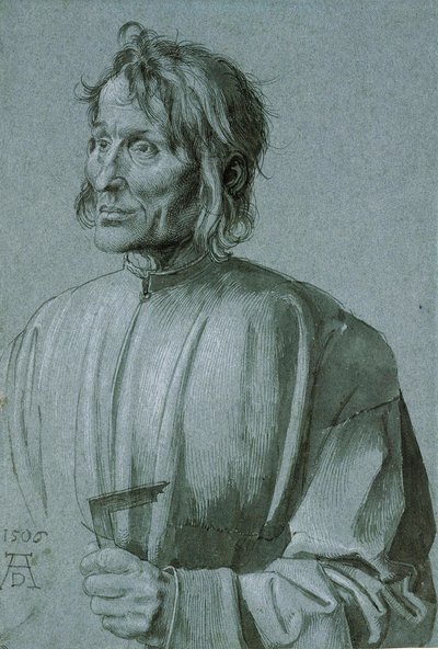 Ritratto di un architetto (Hieronimus von Augsbourg) - Disegno di Albrecht Durer (1471-1528), Penna, pennello, inchiostro nero e colore bianco su carta blu scuro 1506 (39,1x26,6 cm) - Staatliche Museen, Berlino da Albrecht Dürer