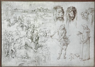 Ratto di Europa, teste di leone, arciere, saggio, teschio (disegno) da Albrecht Dürer or Duerer
