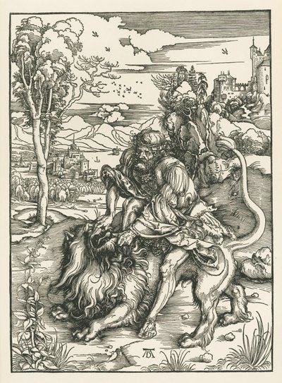Sansone che uccide il leone, 1497-98 circa (xilografia) da Albrecht Dürer or Duerer