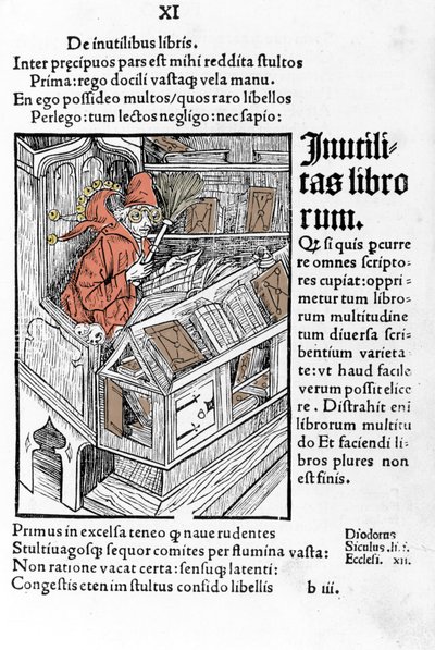 Saggio nel suo ufficio. Indossa un paio di occhiali. Xilografia di Durer in “das narrenschiff” di Sebastiano Brandt da Albrecht Dürer
