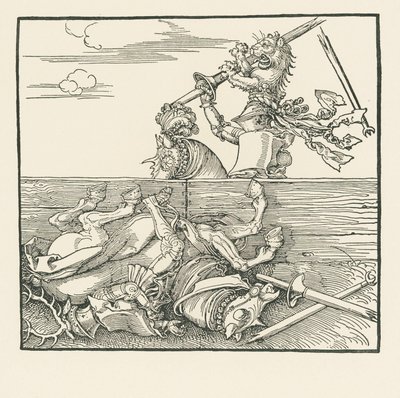 Il torneo straniero. Massimiliano ha sollevato dalla sella il suo avversario Jacop de Heri, 1517-18 circa (xilografia) da Albrecht Dürer or Duerer