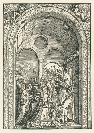 La Sacra Famiglia con due angeli in un portico, 1503-04 circa (xilografia) da Albrecht Dürer or Duerer